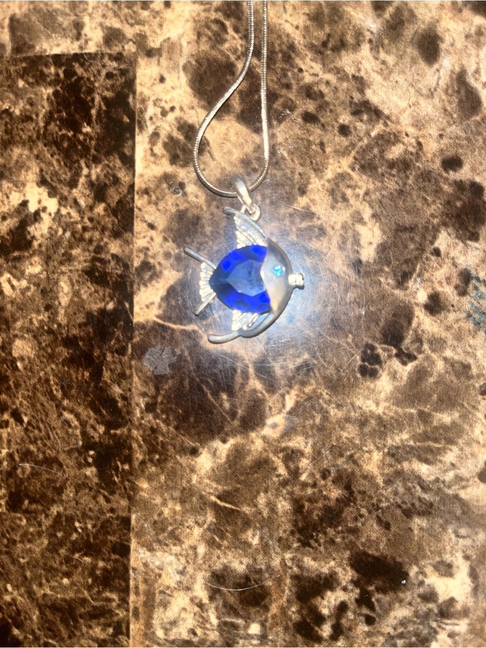 Silver Fish Pendant with Cobalt Blue Crystal